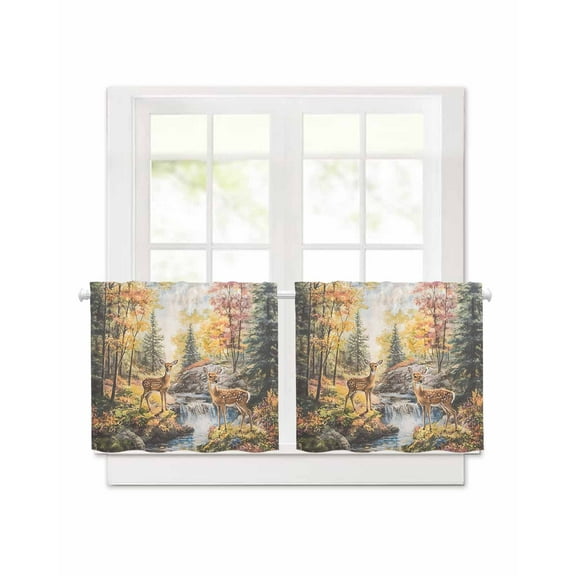 Deer Short Blackout Curtains 30Inch Long Forest River Landscape Rod Pocket Kitchen Curtains, 2 Panels Thermal Insulated Room Darkening Drapes for Bedroom, 30"W x 30"L