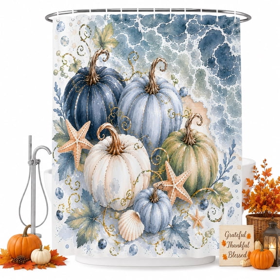 Polyester Fabric Coastal Pumpkins Fall Shower Curtain, Blue Starfish Beach Thanksgiving Waterproof Bathtub Curtain Bathroom Decor Set with Hooks 36 x 72 Inches