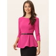 thumbnail image 4 of Top Peplum Allegra K elegante con cinturón de manga 3/4 y cuello redondo para mujer Rosa Caliente S, 4 of 6