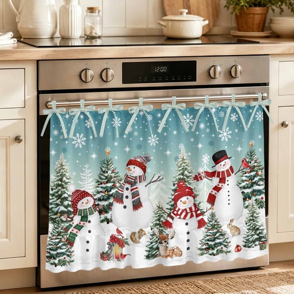 Teal Christmas Oven Skirt Curtain 30"Wx21.5"L, Waterproof Ruffled Stove Cover Skirt with 8 Ribbon Ties, Snowman Xmas Tree Snowflake Winter Decorative Oven Door Curtains for Kitchen Dishwasher Cabinet