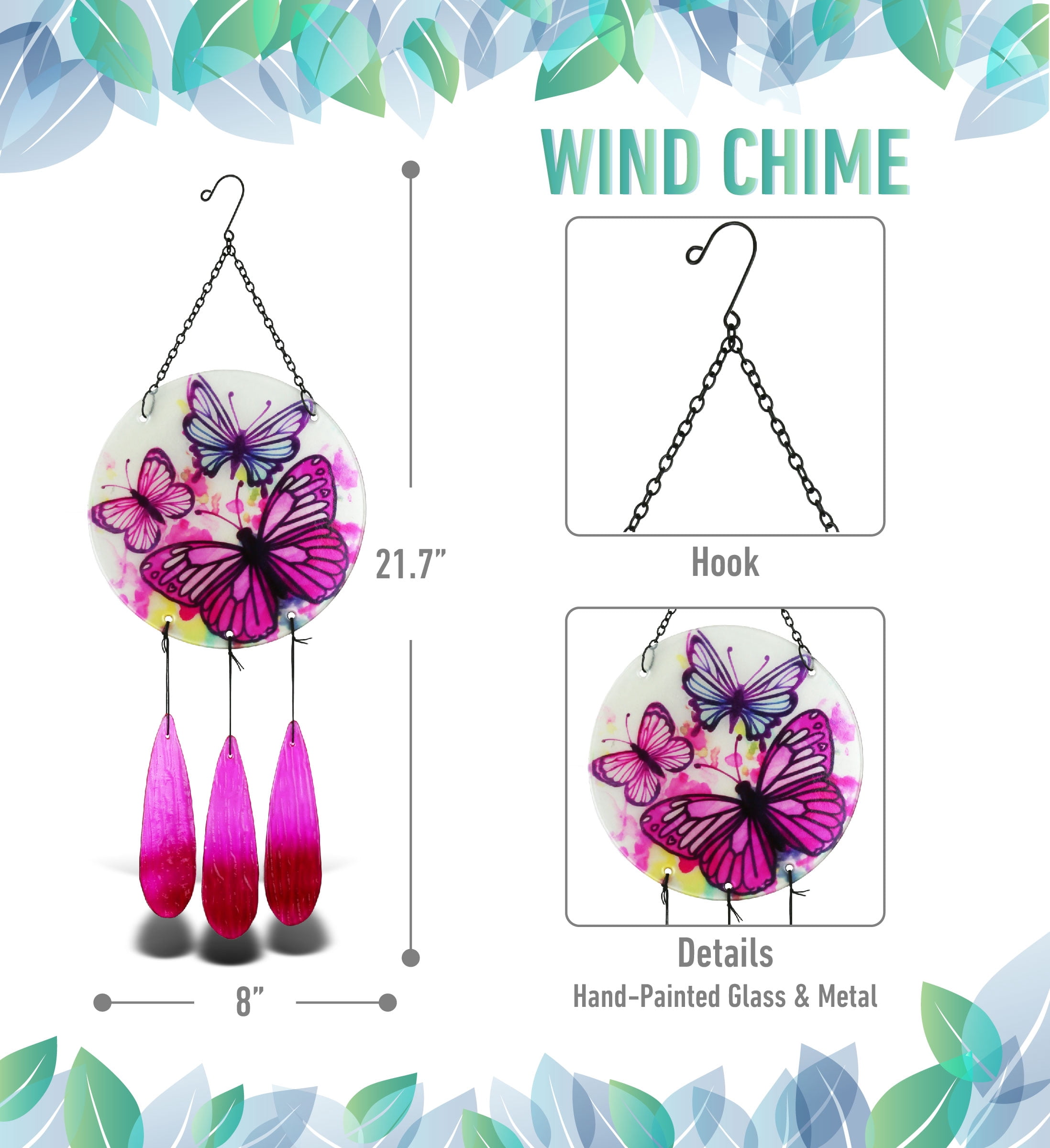 CoTa Global Circle Butterfly Wind Chime - Handmade Glass & Metal Chime, Colorful Butterflies Hanging Home Decor Gift, Indoor & Outdoor Cute Nature Art Decoration For Porch, Patio & Garden - 21.7"