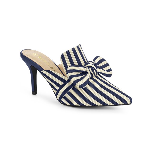 BLISSFUL STEP Mules à Talon Aiguille pour Femmes Bout Pointu à Rayures Nœud à Enfiler Chaussures Habillées Bleu Foncé 9