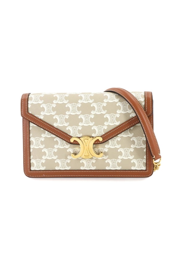 Pre-Owned Celine Triomphe Chain Wallet, PVC Leather, Beige and Brown, Gold Hardware,...