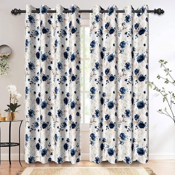 Blue And White Floral Blackout Curtains Gold Line Rose Flowers Thermal Insulated Window Drapes For Bedroom, Window Curtain Panels For Kitchen Living Room 42"W x 63"L (Pack of 2)