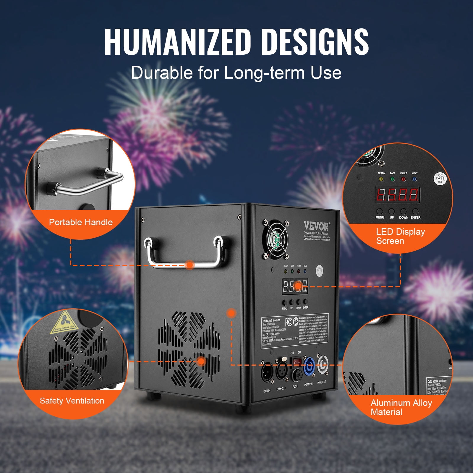 VEVOR Cold Spark Machine, 500W Output Fireworks Controller, 6.6-13ft Adjustable Height,with Advanced DMX System,LED Screen,Portable Handle,HeavyDuty Aluminum Alloy for Stage DJ Wedding Event,Party