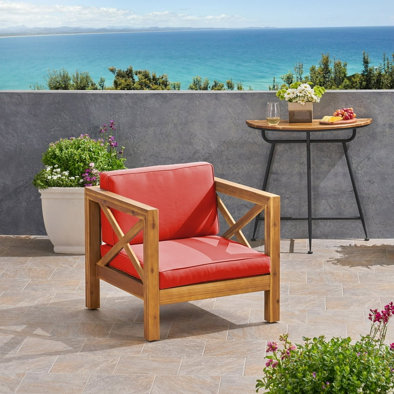 Elisha Outdoor Acacia Wood Club Chair with Cushion, Teak and Red