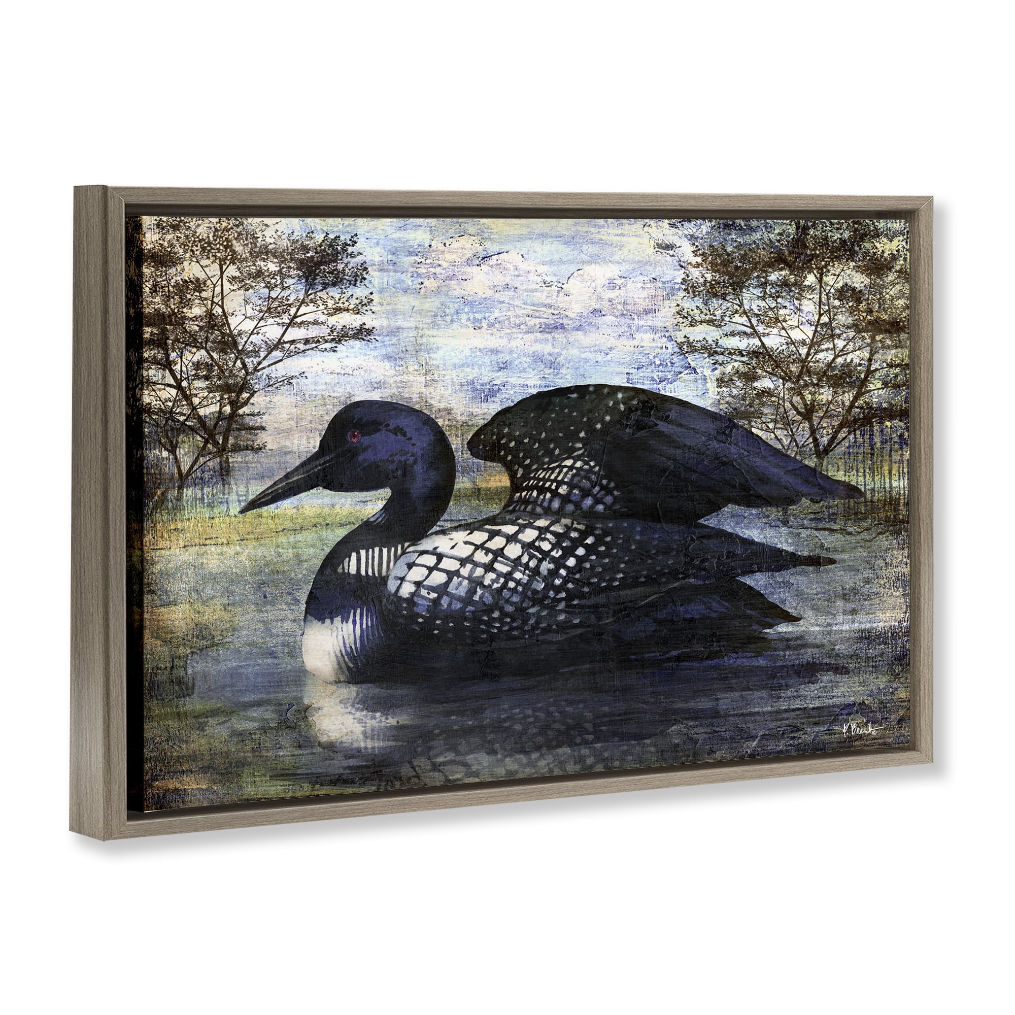 Stupell Industries Loon in Rustic Pond Animals Painting Brown Floater Framed Canvas Art Print Wall Art, 25 x 17