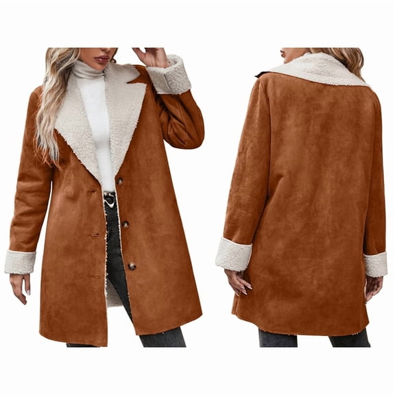 Womens Winter -Lined Faux Suede Leather Jacket Oversized -Lapel Mid Long Overcoat Brown XL