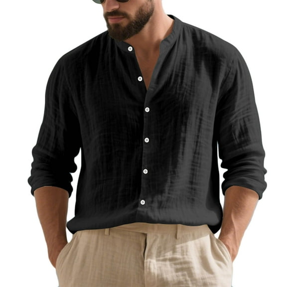 Men's Linen Shirt Button Down Long Sleeve Cotton Band Collar Casual Beach Shirts Stylish Solid Color Loose Blouses (L, Black)