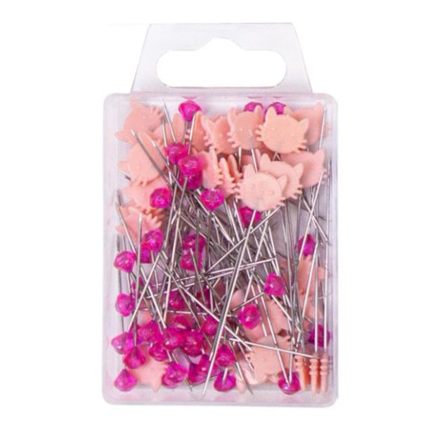 Alfileres de costura Alfileres rectos con cabezas de gato y diamante Resistentes y prácticos para labores de costura Rosa