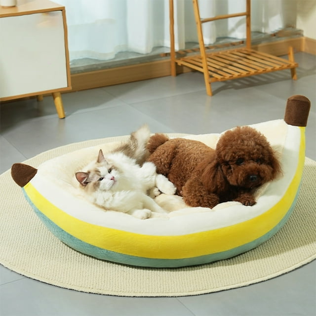 Banana Shaped Pet Bed for Dogs and Cats | Thickened Flannel Nest | Open Design | Non-Slip Bottom | Cozy Four Seasons Mat | Winter Warm | 50x40cm | Yellow | Easy Clean