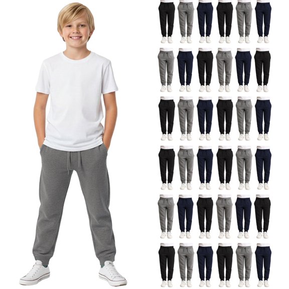 Yacht & Smith 36 Pack of Wholesale Childrens Unisex Jogger Bulk Sweatpants, Black Navy Gray, Comfy Lounge Joggers for Kids