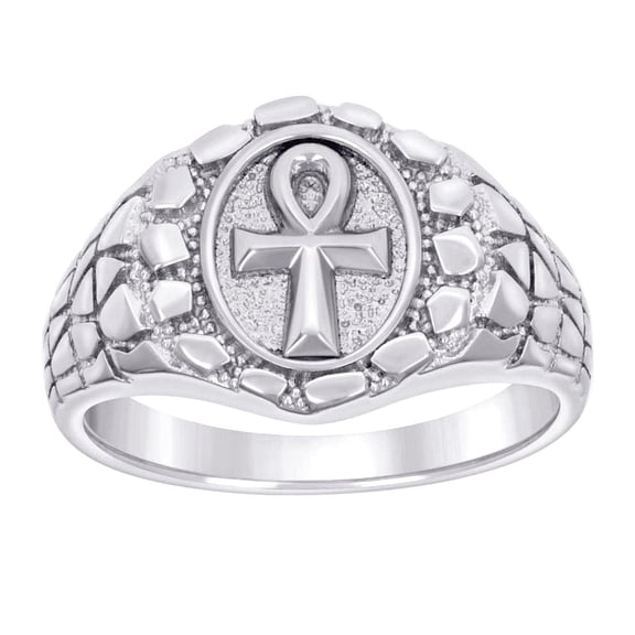 925 Sterling Silver Mens Nugget Egyptian Ankh Cross Religious Ring 14.2x14.2mm Wide Size 11 Ring for Men