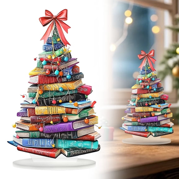 Christmas Tree Decor, 2D Creative Book Shaped Acrylic, 1 Pack with Base, Freestanding Tabletop Ornament for Book Lovers Christmas Home Holiday Party Display