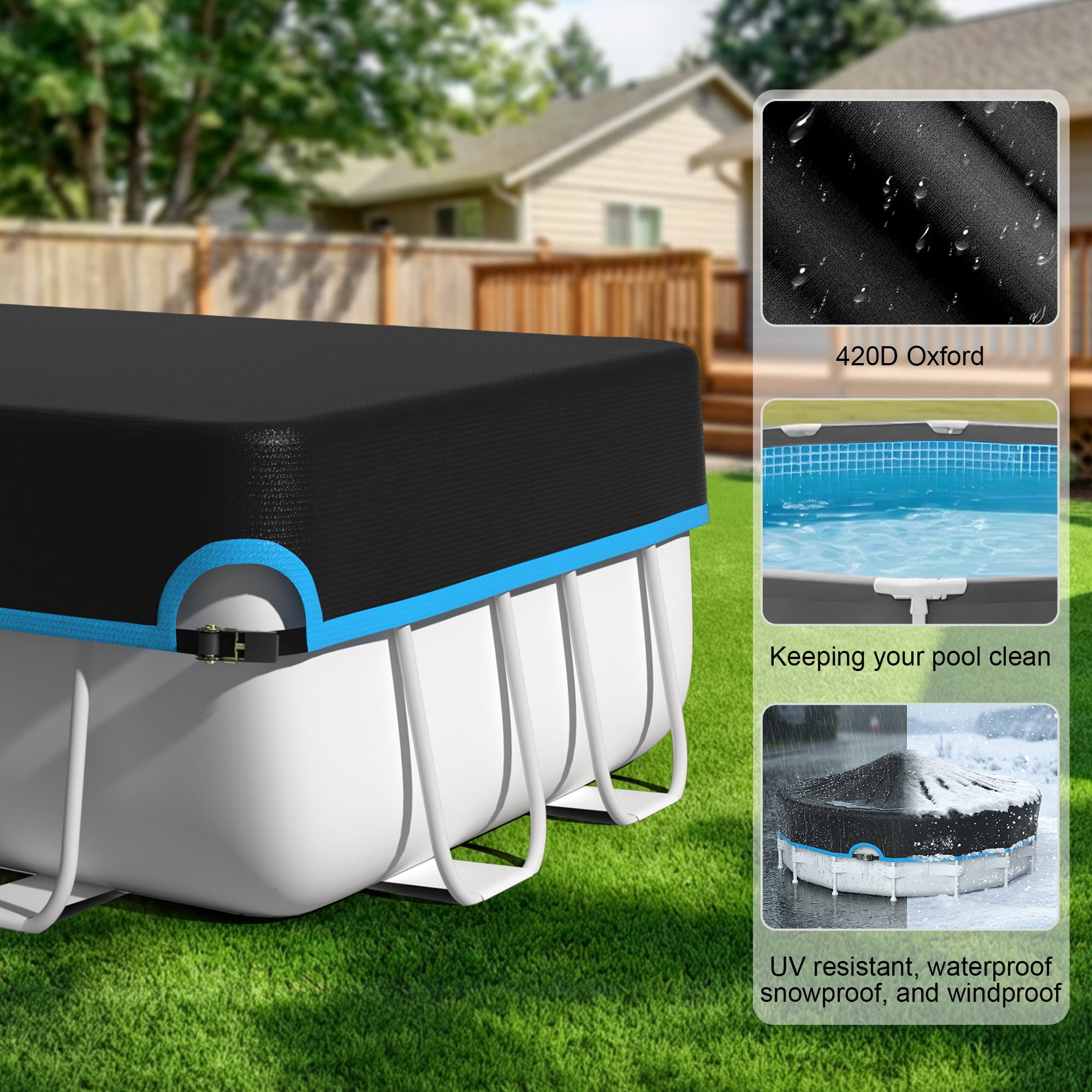 Agricasst 7X13FT Rectangular Pool Cover, 420D Solar Pool Covers for Above Ground Pool with Strap & Drawcord Tightener, Inflatable Pool Cover for UV Resistant, Waterproof Snowproof & Windproof, Blue