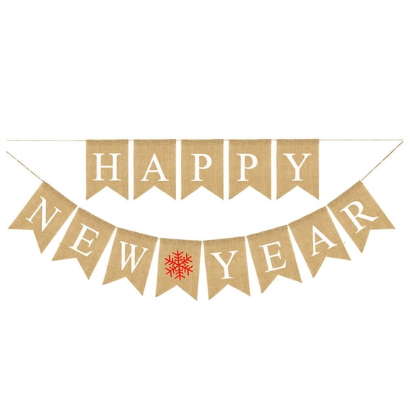 GOOHOCHY HAPPY NEW YEAR Letters Bunting Banner Decor Snowflake Linen Burlap Banner Swallowtail Pull Flag Party Supplies