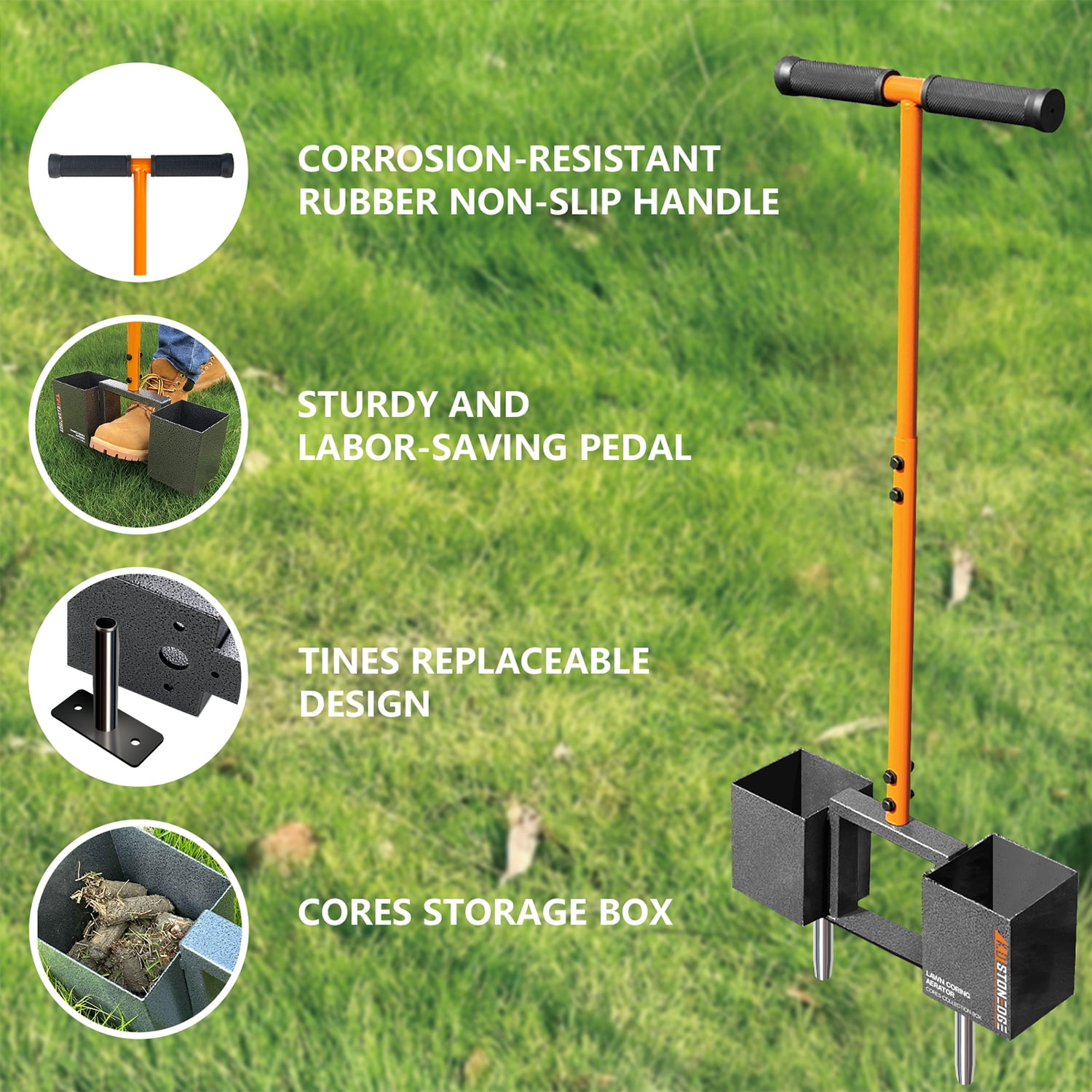 K.D STONEDGE Manual Lawn Coring Aerator Tool Pulling Plugs Collect Box Compacted Soil Improve Garden Yard Loosening Grass Aeration, 4 Replaceable Tines