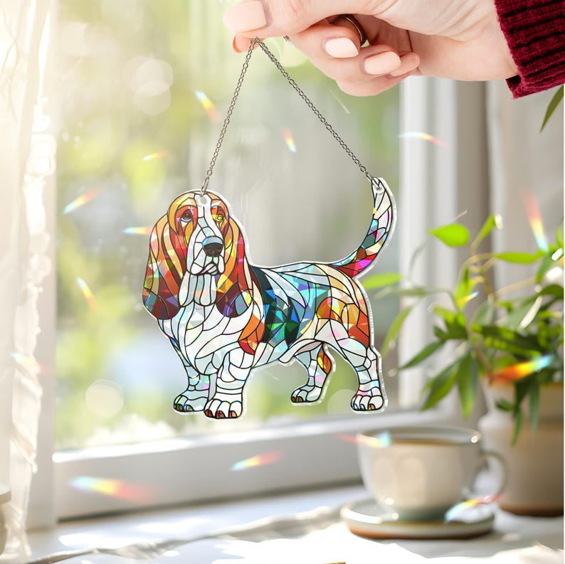 ViciArt Hologram Basset Hound Suncatcher – 6" Acrylic Dog Ornament, Colorful Window Decor, Dog Mom Gift