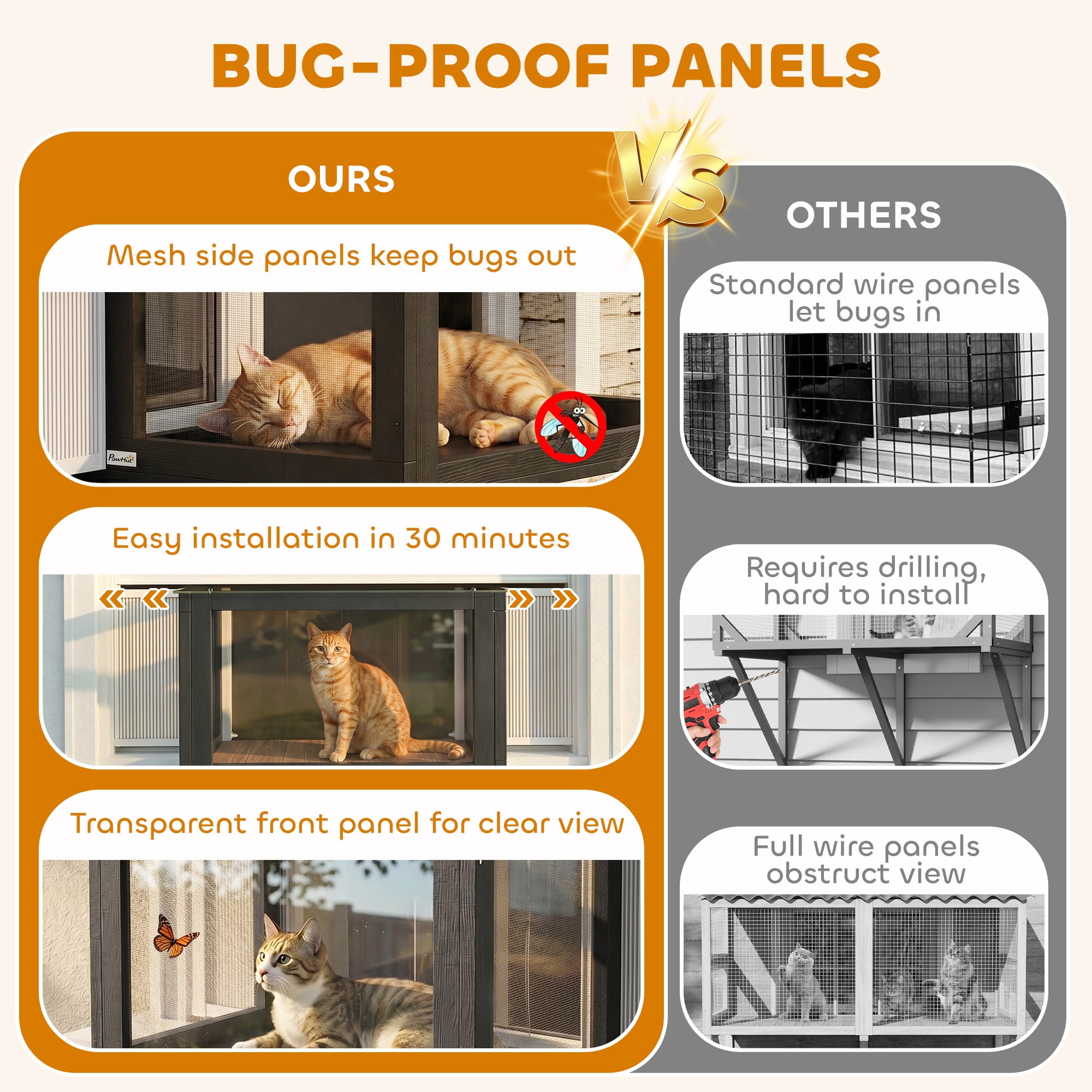 PawHut Catio Outdoor Cat Enclosure Suitable for Window 25"–41", Outdoor Cat House Clear Panel, for Sunbathing, Napping & Overlooking