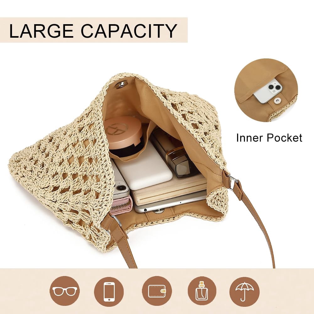 Omlopp Straw Beach Tote Bag for Women Raffia Crochet Purse Large Summer Hobo Woven Shoulder Handbag for Vacation
