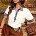 thumbnail image 4 of Rutainlusire Women's Color Block Collared Denim Trim Button Short Sleeve Tops Blouses Women's Colorblock Short Sleeve Button-Down Top With Contrast Collar, 4 of 6