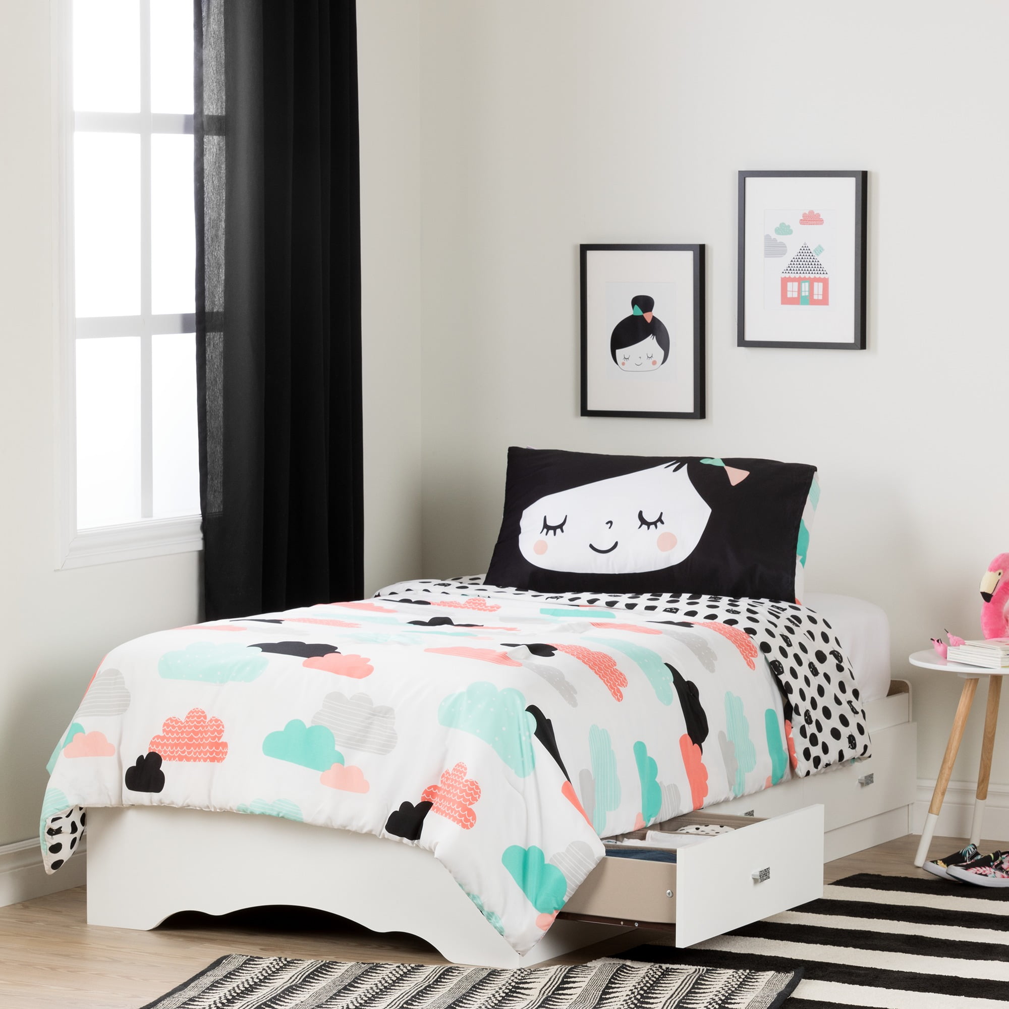 South Shore Tiara Pure White And Pink Twin Mates Bed With Night