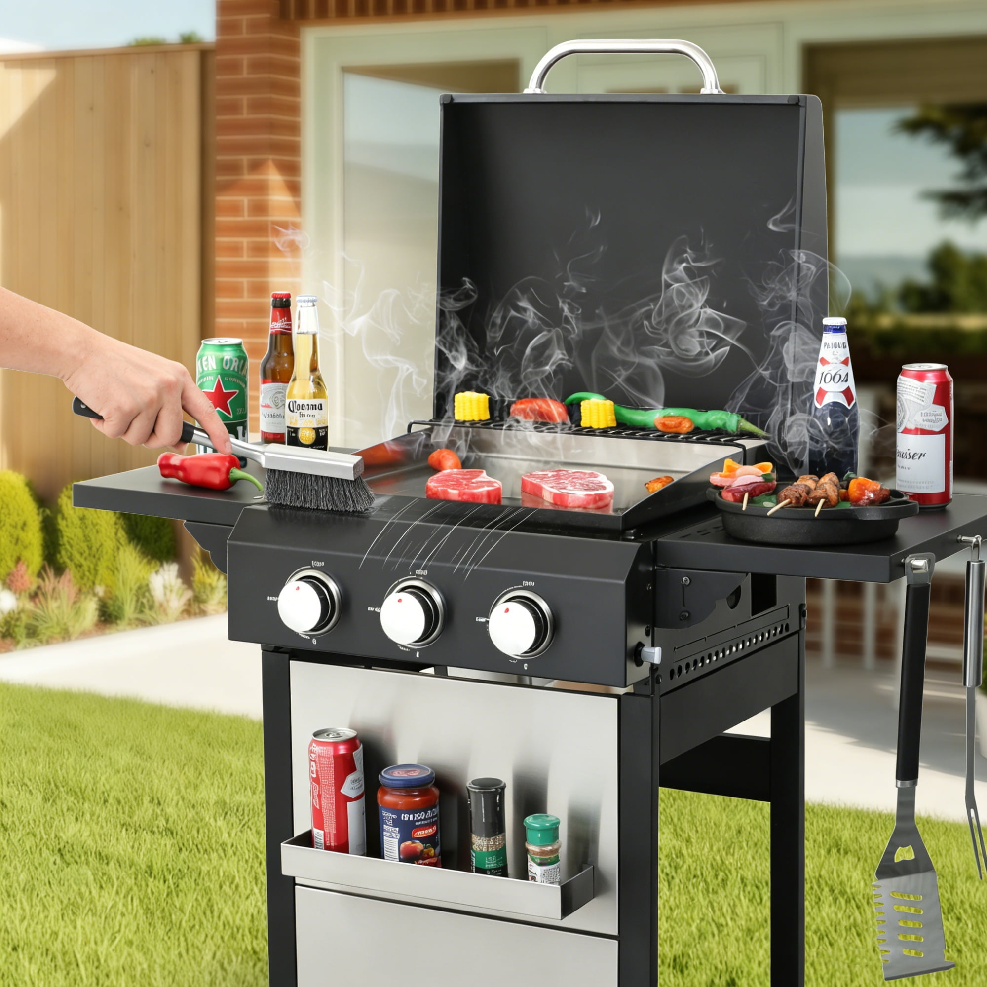 Fehomix 3-Burner Propane Gas Grill, 36900 BTU Stainless Steel BBQ with Foldable Side Table & Hanging Basket, Outdoor Barbecue Grill for Patio, Backyard