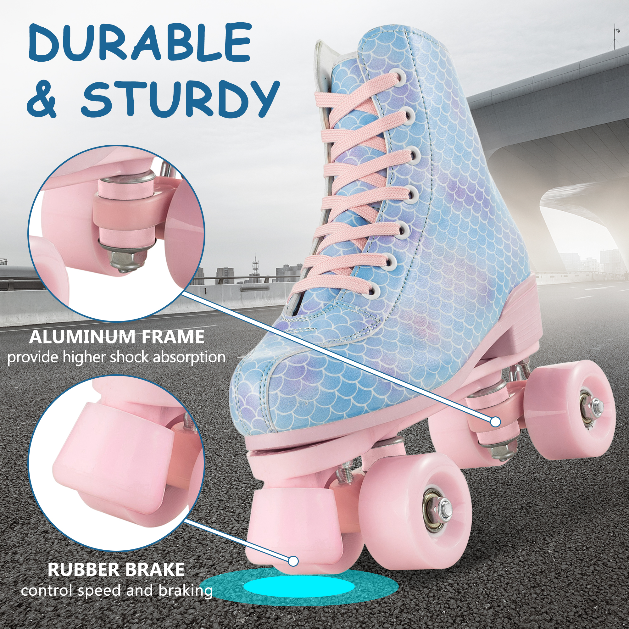 YYW Teen Kids Roller Skates,Light-up-Wheel Double Row Quad Skate for Beginner Adult,Blue(Women 7.5/Men 6)