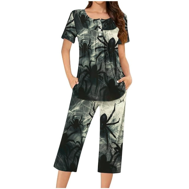 Jamicy Ensemble de Pyjama pour Femmes Shorts Mode Décontractée Ample Imprimé Col Rond Boutonné Capris Ensemble de Pyjama Halloween