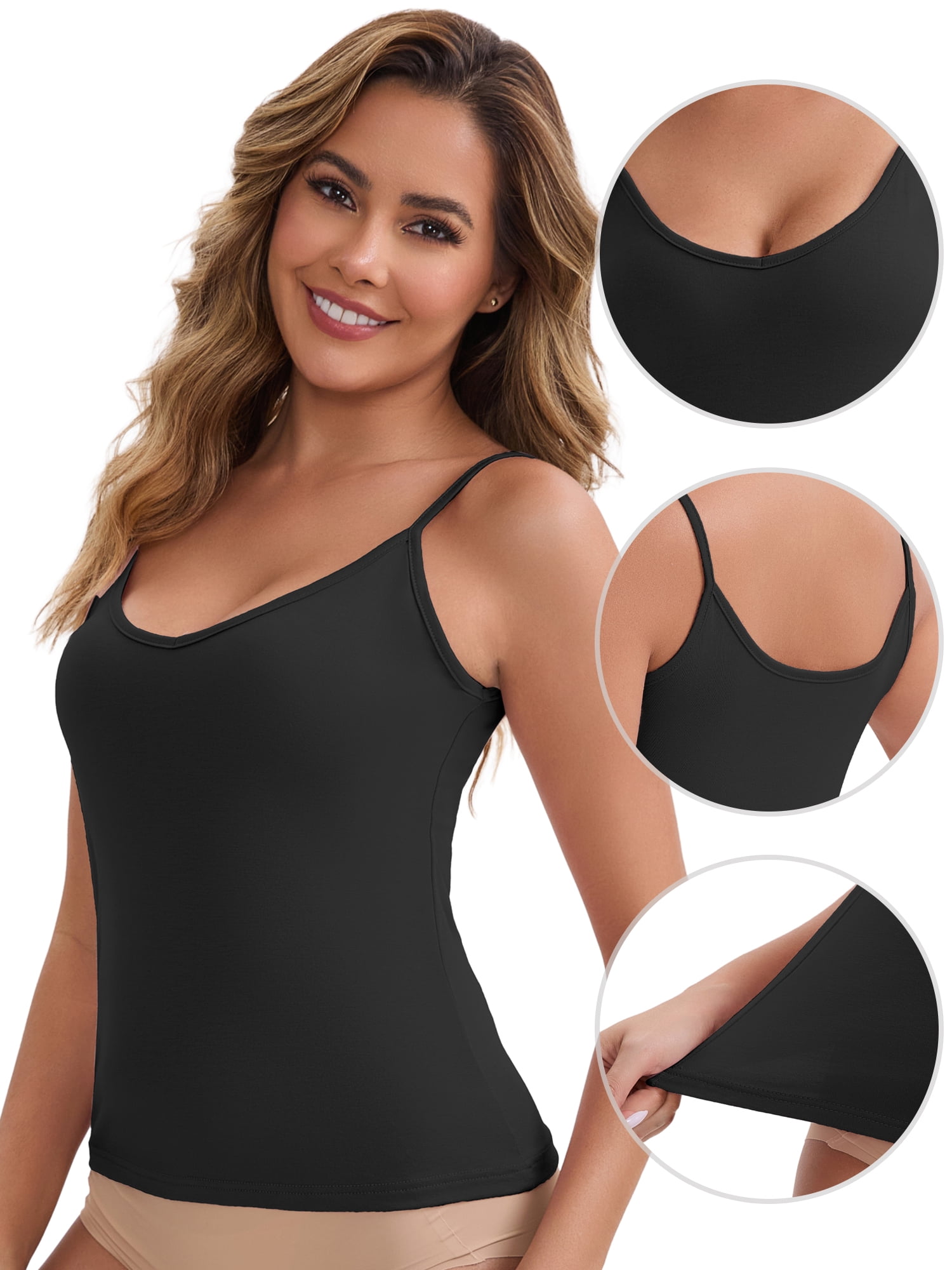 DARING DIVA Women's V Neck Camisole Tops with Spaghetti Straps M Black
