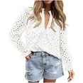 thumbnail image 1 of Timegard Womens Tops V Neck Button Hollow out Blouse Casual Ruffle Long Sleeve Shirts Tops Solid Color, 1 of 5