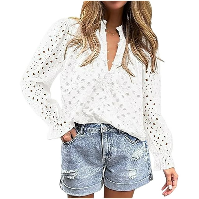 Timegard Womens Tops V Neck Button Hollow out Blouse Casual Ruffle Long Sleeve Shirts Tops Solid Color