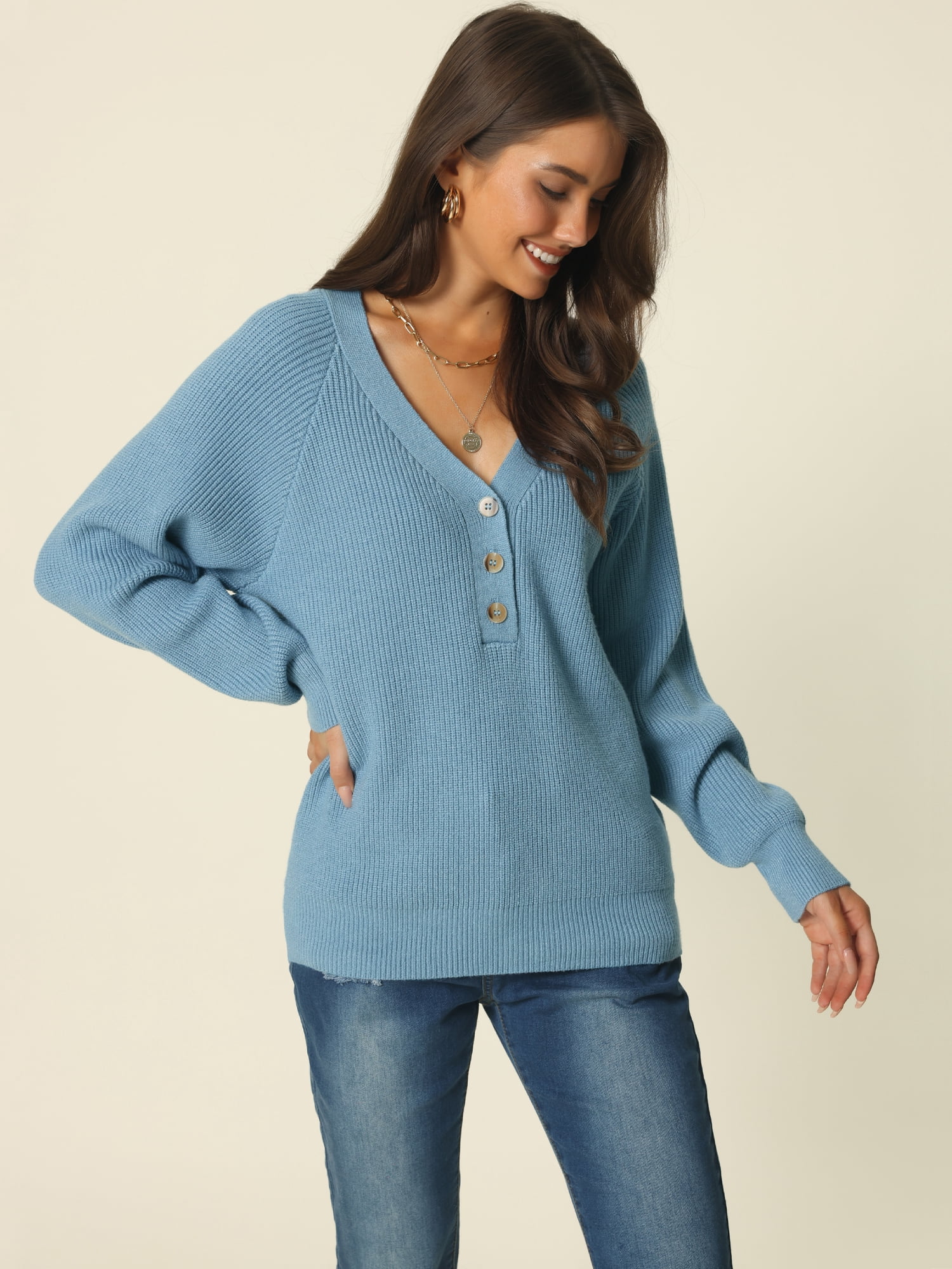 Women's V Neck Button Up Long Sleeve Ribbed Knit Loose Chunky Warm Pullover Sweater Top M Blue