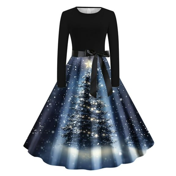 Lorytime 50s Prom Dresses for Women Christmas Tree Crew Neck A Line Dress Long Sleeve Party Dresses with Belt