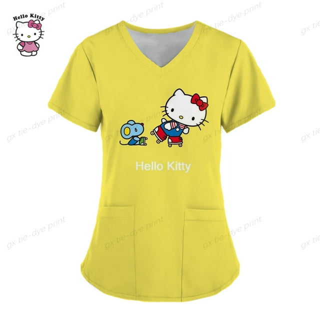 RWJDXD Uniforme d'Infirmière pour Femmes Hello Kitty Imprimé Manches Courtes Col en V Hauts Imprimé Dessin Animé Blouse Blouses Uniformes de Travail Salon de Beauté Été