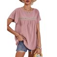 thumbnail image 1 of Blusa de manga corta de jacquard, blusa de manga con volantes de encaje y cuello redondo para mujer, verano, primavera, rosa, M, 1 of 8