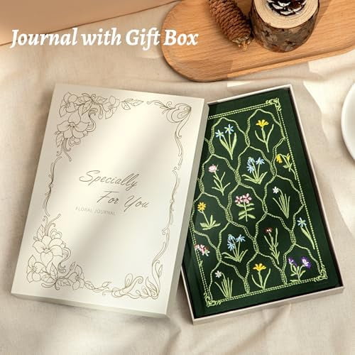 YNGLLC Embroidered Lined Journal Notebook for Women A5 Floral Journals for Writing Aesthetic Journaling Notebooks for Gift Diary Sketching Note Taking, Cloth Cover, Gift Box, 5.7"x8.3", Green