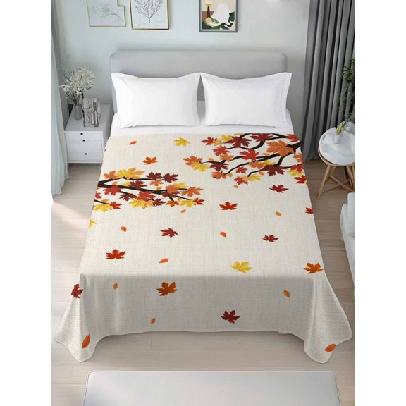 Queen Size Flat Sheet Only,Vintage Autumn Maple Leaf Soft Top Bed Sheets Breathable Bedding Sheet Farmhouse Plant on Linen Microfiber Hotel Luxury Top Sheets