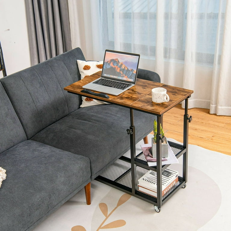 Gymax C Shaped Side Table w Wheels Height and Tabletop Adjustable Storage Shelf