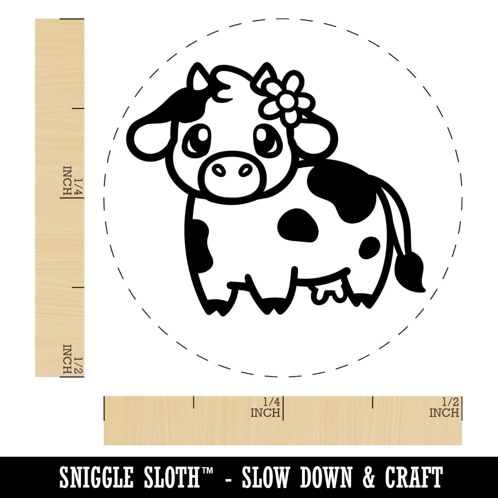 Darling Cow with Flower Self-Inking Rubber Stamp Ink Stamper - Blue Ink - Mini 1/2 Inch