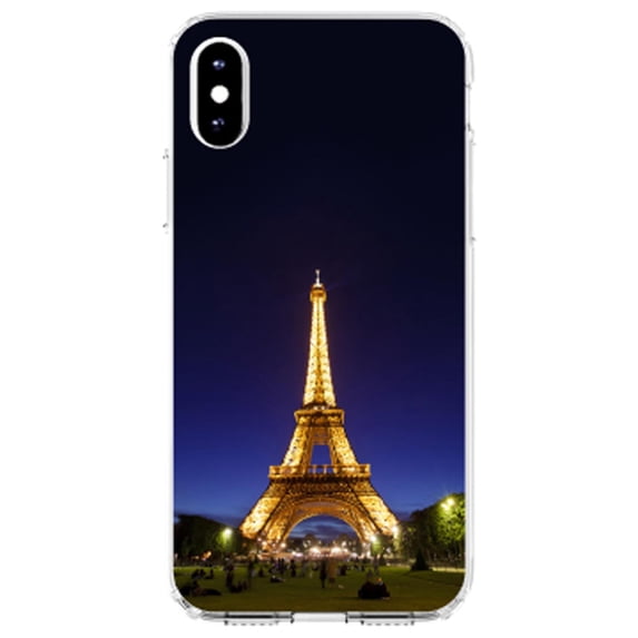 DistinctInk Clear Shockproof Hybrid Case for iPhone XR (6.1" Screen) - TPU Bumper, Acrylic Back, Tempered Glass Screen Protector - Eiffel Tower Paris Night - Show Your Love of Paris