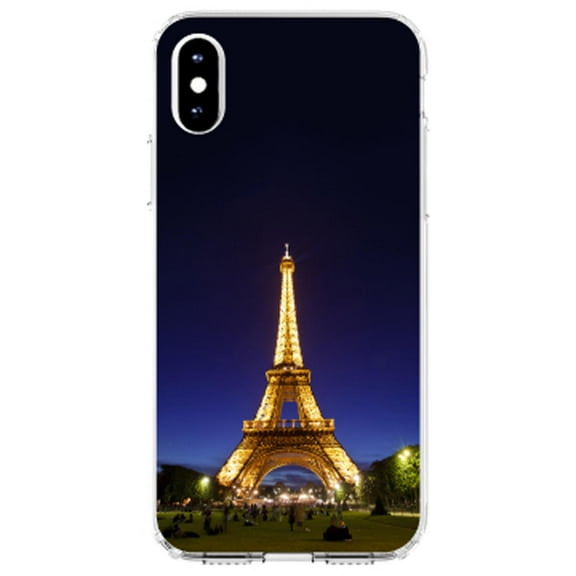 DistinctInk Clear Shockproof Hybrid Case for iPhone XR (6.1" Screen) - TPU Bumper, Acrylic Back, Tempered Glass Screen Protector - Eiffel Tower Paris Night - Show Your Love of Paris