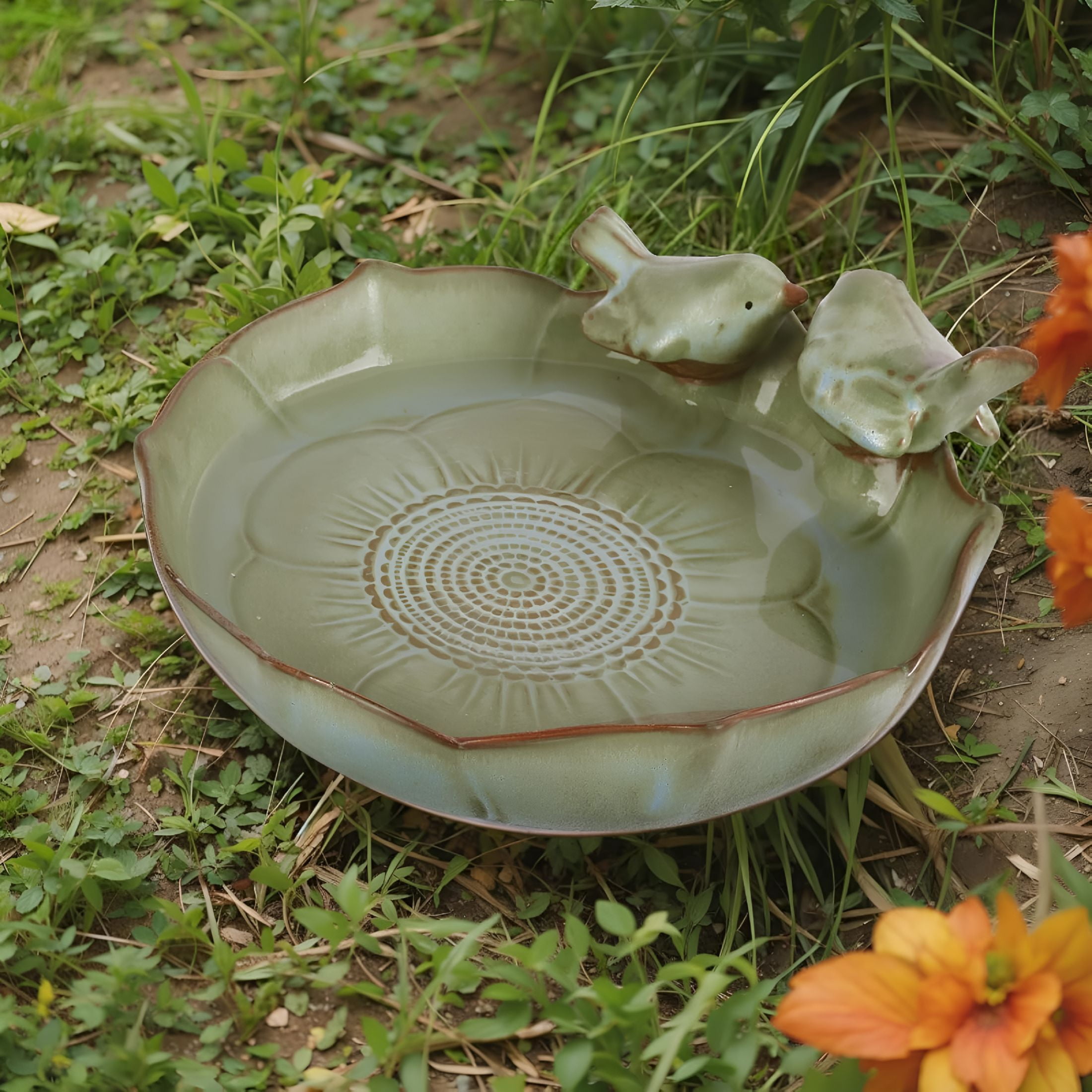 ACDANC Ceramic Bird Bath Bowl with Perched Birds-Outdoor Tabletop Birdbath Basin in Weather-Resistant Glaze-Usable on Ground,Deck Or Tabletop