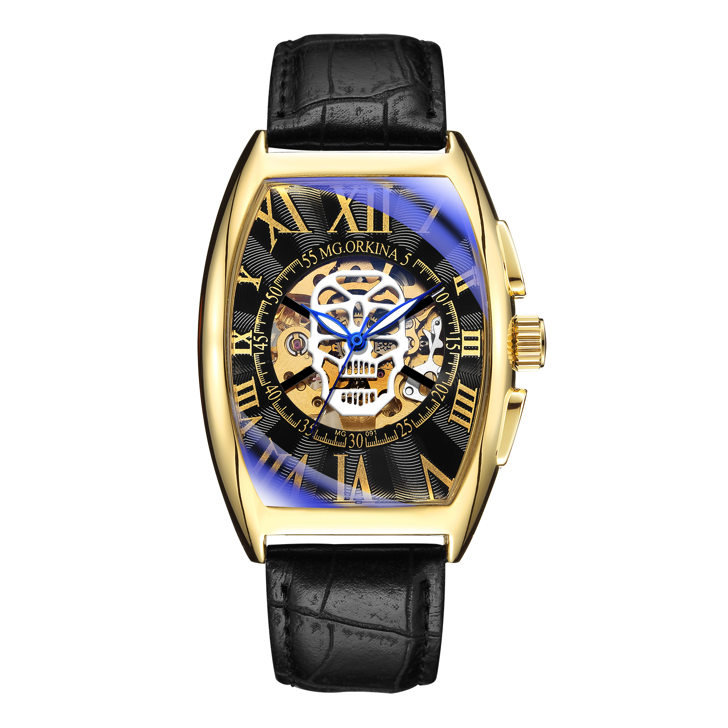 Mens Automatic Business Skull Skeleton Dial Watch Mechanical Watch Gold Black