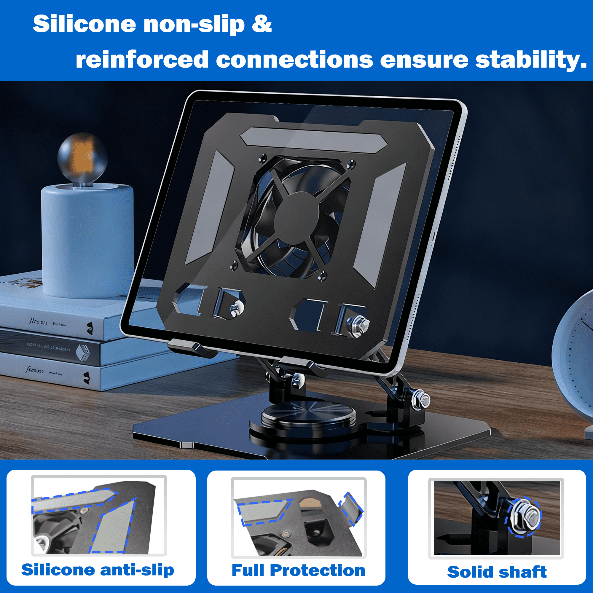 TIKBBRMG Tablet Stand for Desk with Quiet Cooling Fan, Adjustable Universal Tablet Holder with Multi Angle Aluminium Alloy, 360° Swivel Base, Black