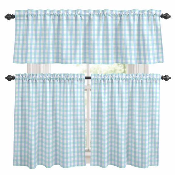 Aqua Blue Green Kitchen Curtains,Kitchen Curtains and Valances Set of 3,Checkered Plaid Gingham Lattice Trellis Light Filtering Tier Curtain 36 Inch Length Drapes for RV Cafe Bathroom Bedroom