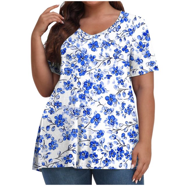 Pisexur Hauts pour Femmes, Hauts d'Été pour Femmes, Hauts Grande Taille pour Femmes, Hauts pour Dames Mode Été Sexy Imprimé Manches Courtes Col Rond Multicolore, 5TG