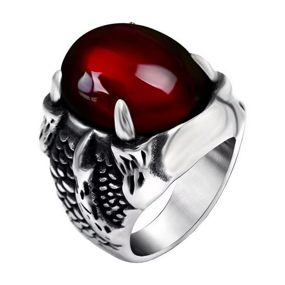 PAMTIER Men's Stainless Steel Personality Hip Hop Skull Skeleton 6 Claw Gothic Oval Gemstone Inlay Dragon Pattern Carved Biker Ring Red Size 11