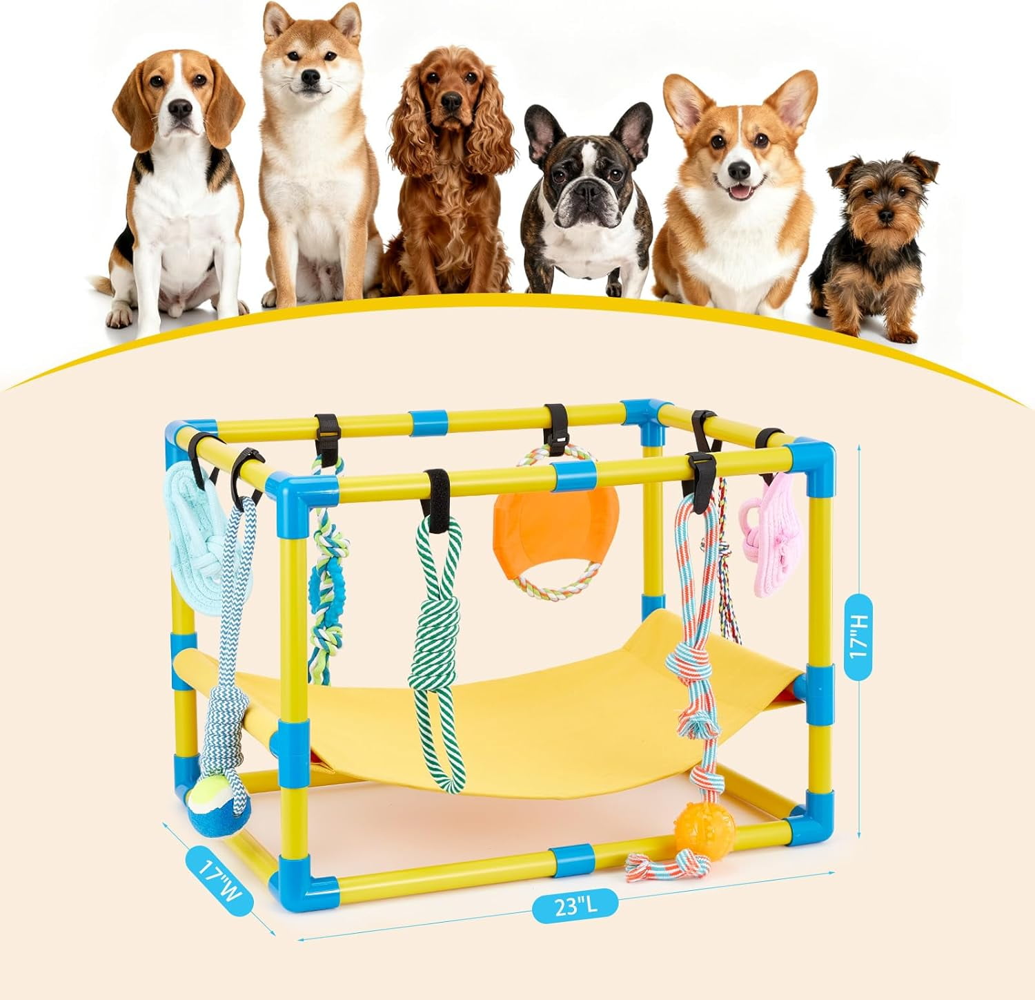 Flymer Puppy Play Gym with 8 Hanging Toys, Jungle Playground Gym for Small Dogs, PVC Frame with Hammock and Funny Enrichment Toys (23x17x17in)