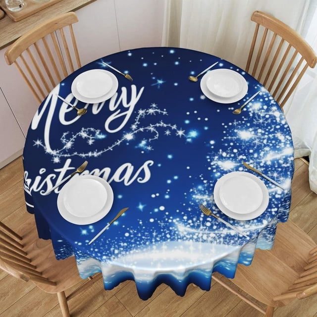 Round Tablecloth Merry Christmas Blue Tree 60 Inch Table Cover for Dining Polyester Cloth with Scalloped Edges Stain Resistance Kitchen Picnic Party Restaurant Decoration